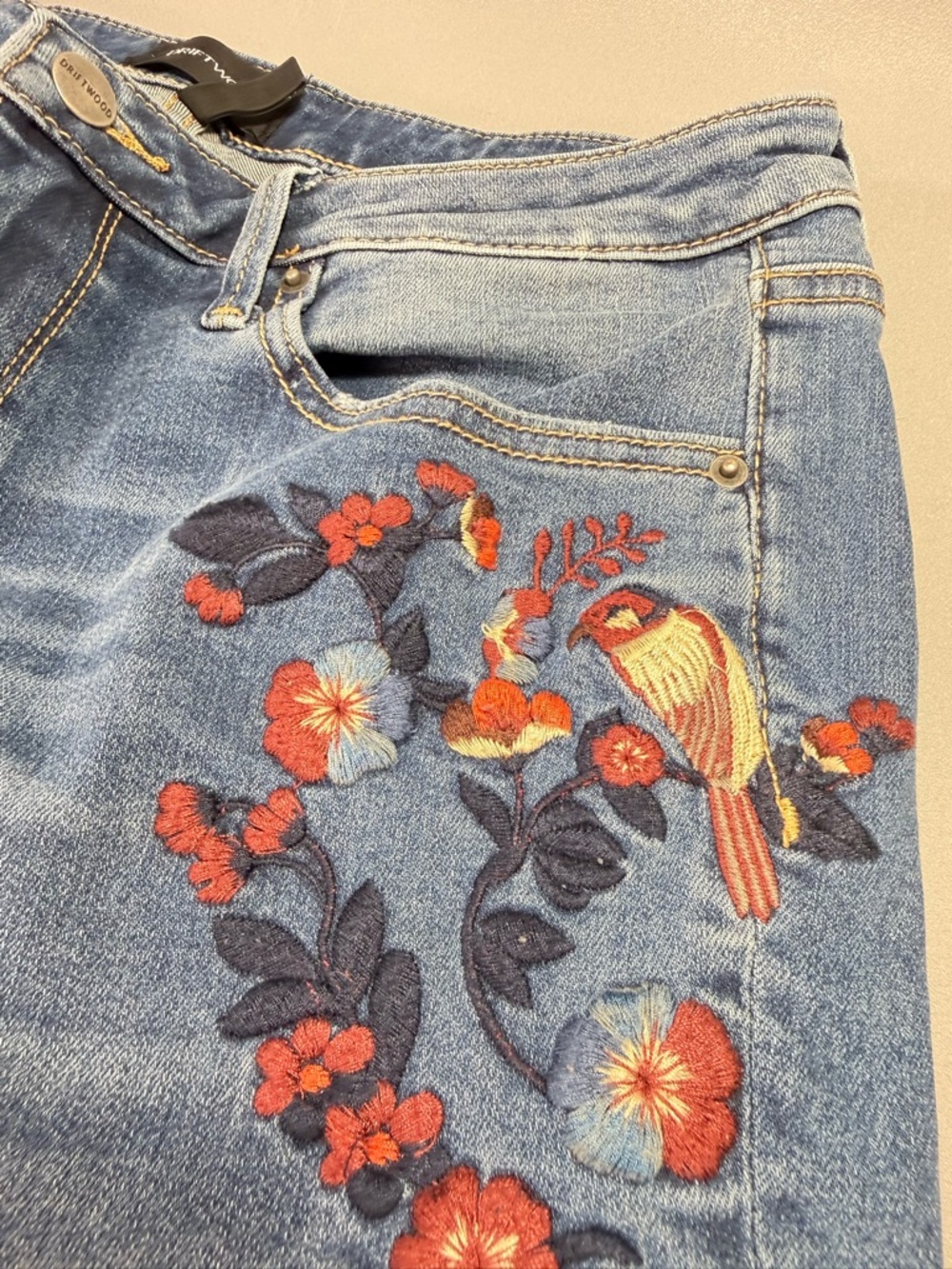 Sundance Driftwood Kelly Embroidered Floral Bird High Rise Bootcut Blue Jeans - Picture 6 of 11
